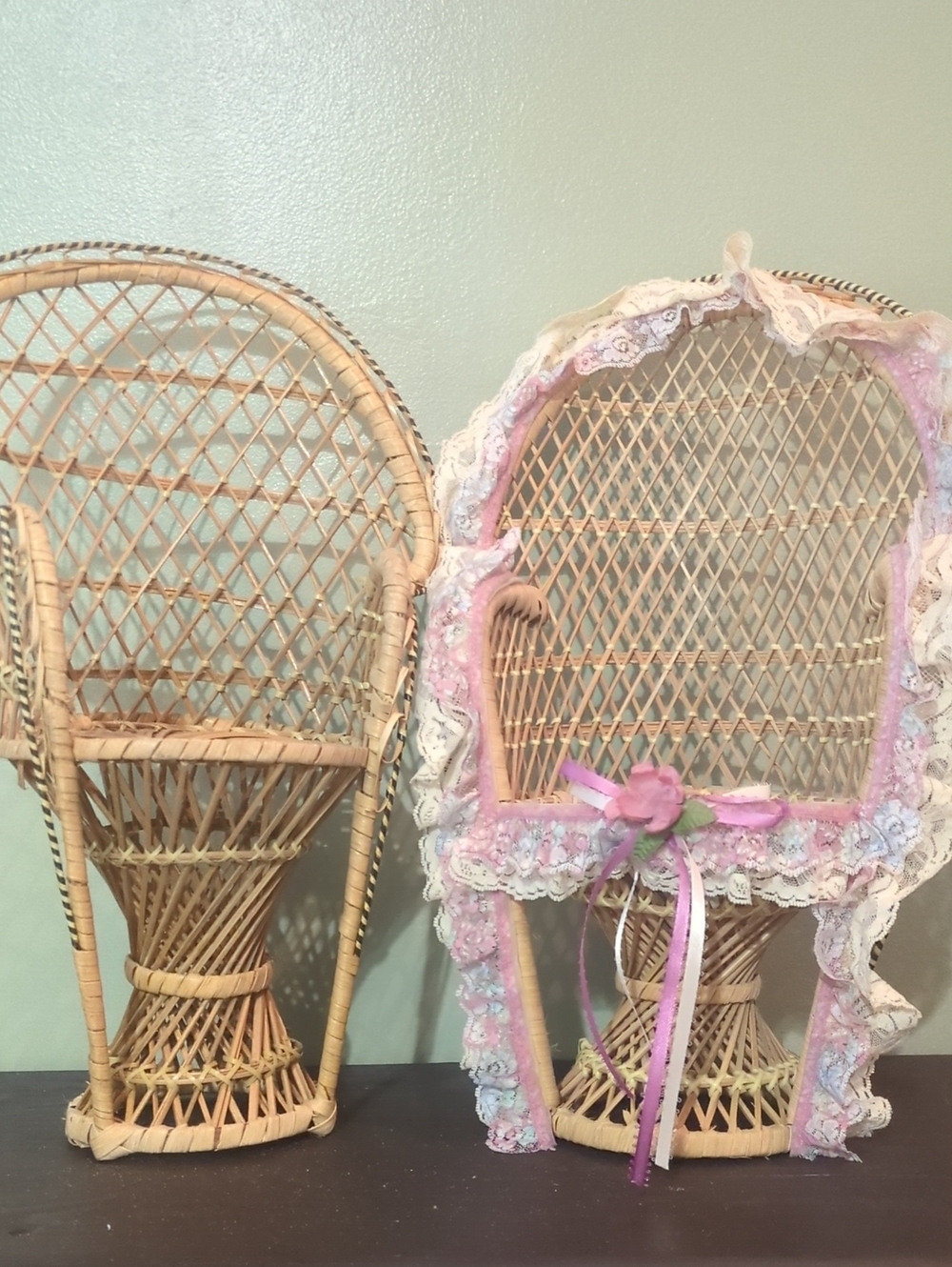 Vintage Wicker Peacock Doll Chairs Set of 2 w/ Lace Canopy Boho Nursery Decor